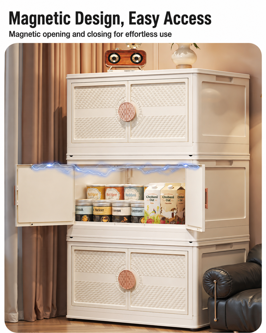Thanks to its magnetic design, the doors open and close smoothly for easy, one-handed access to your items.
