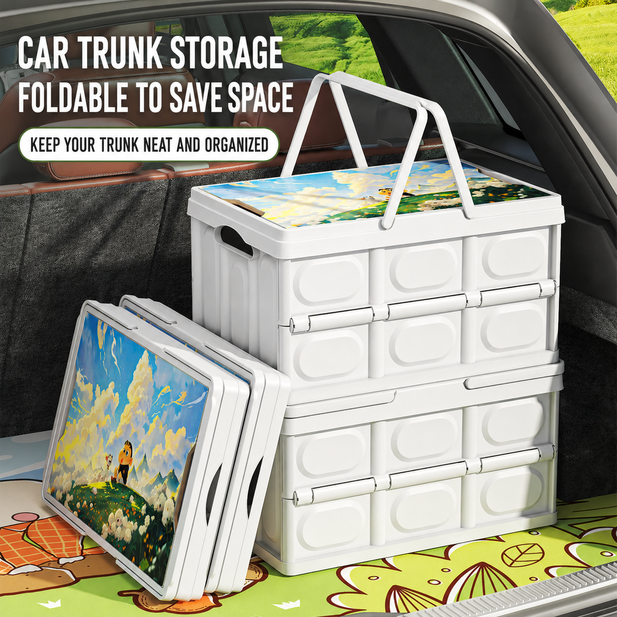 Foldable storage boxes organized in a car trunk, demonstrating space-saving capability