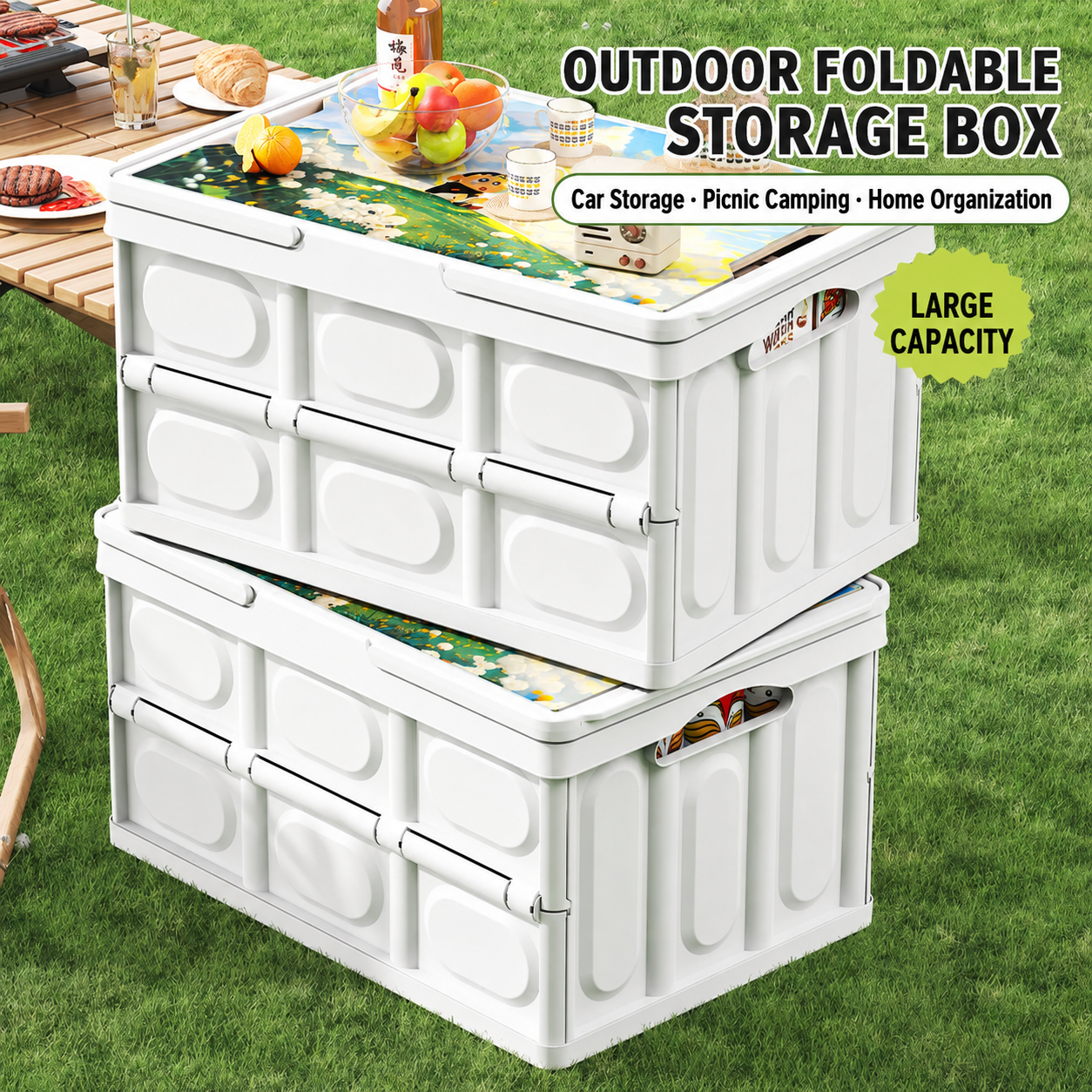 Large-capacity foldable storage box with printed lid used for camping and car storage