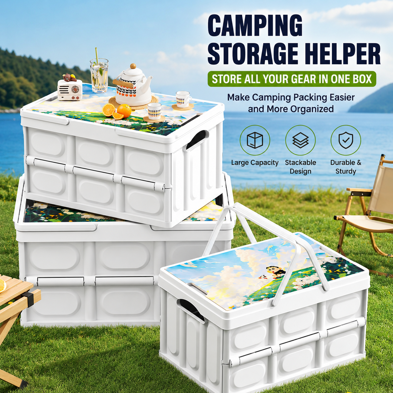 Foldable storage box organizing camping items