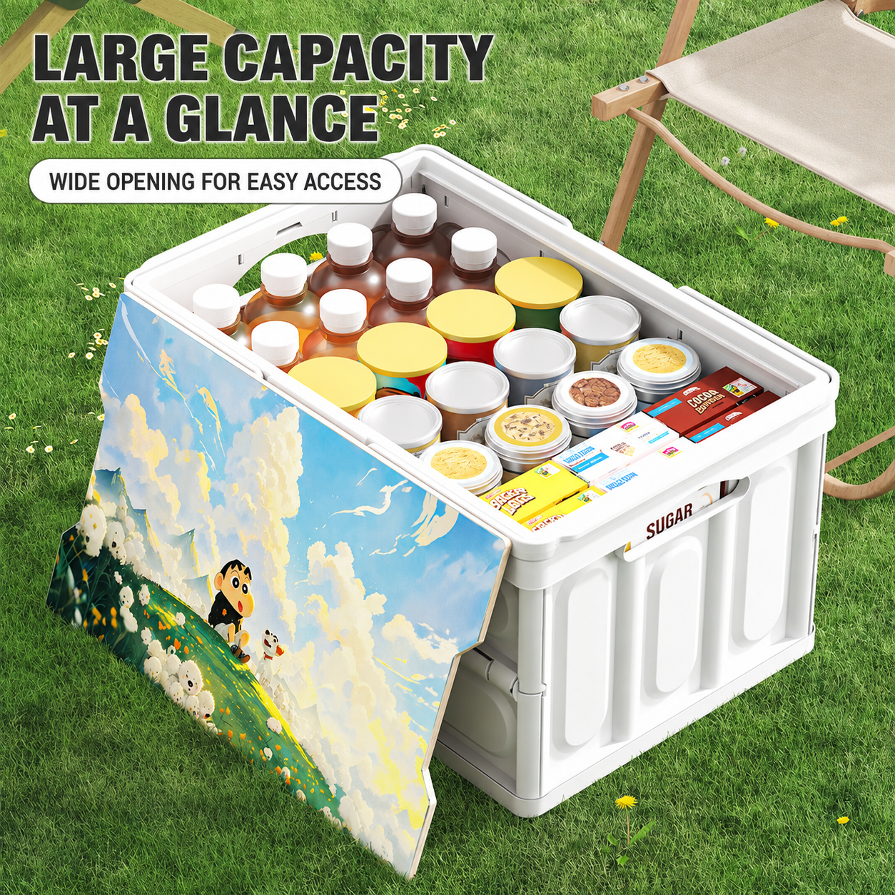 Foldable storage box with wide opening for camping and home storage