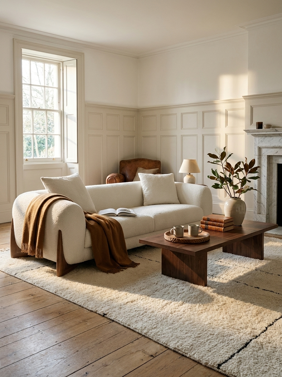 Favn Lounge Sofa in Bone Cream Bouclé shown in a bright living room