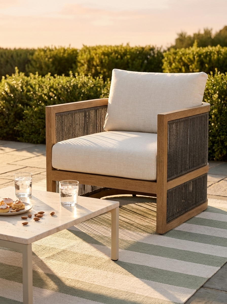 Tarn Outdoor Sofa on a sunny patio with teak frame and rope weave
