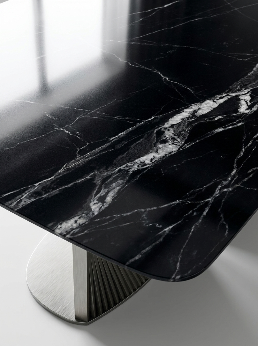 Soren Dining Table in natural Midnight Marble with sculptural pedestal base