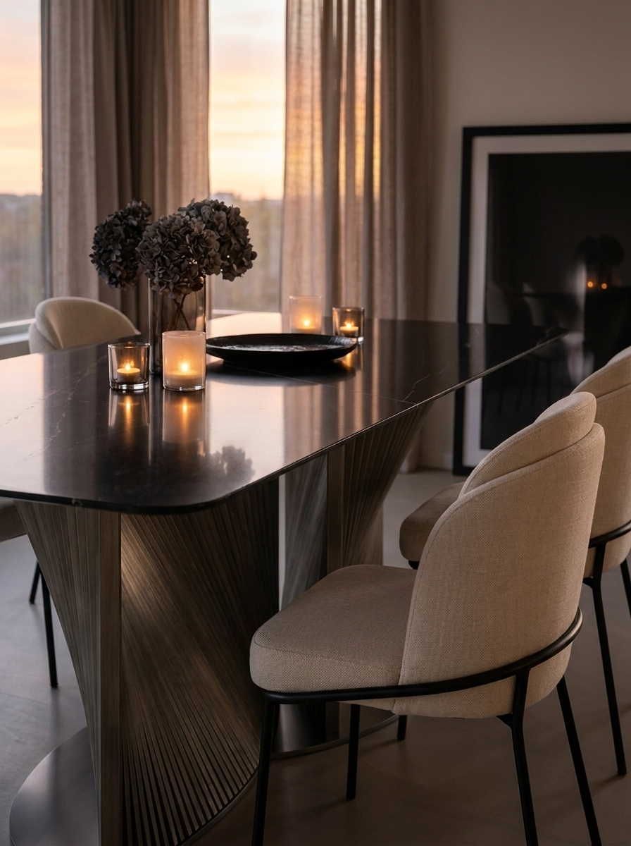 Soren Dining Table with honed Midnight Marble top and brushed stainless steel pedestal base