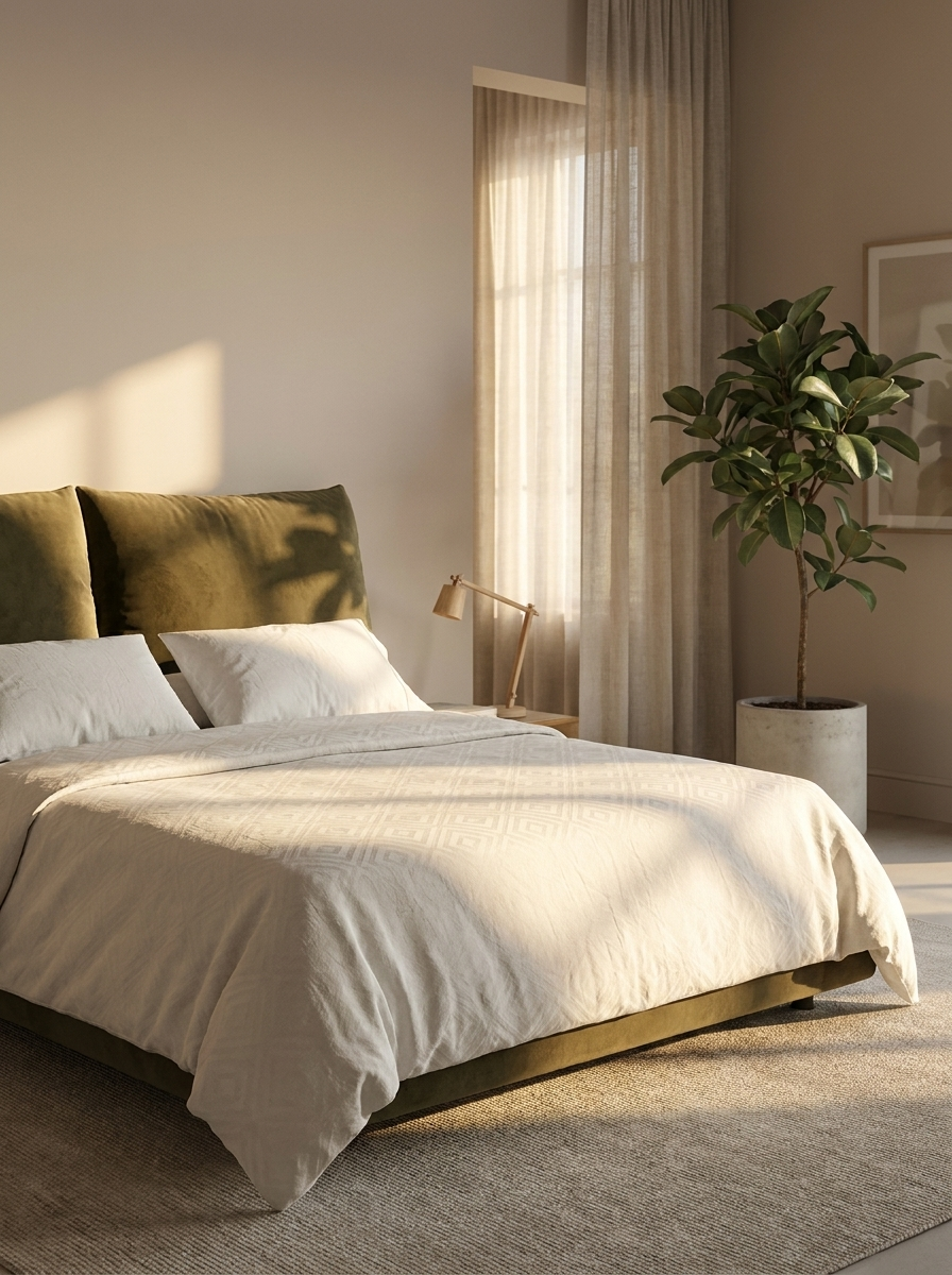Magnus Bed in Smoke Olive Velvet, sculptural curved headboard