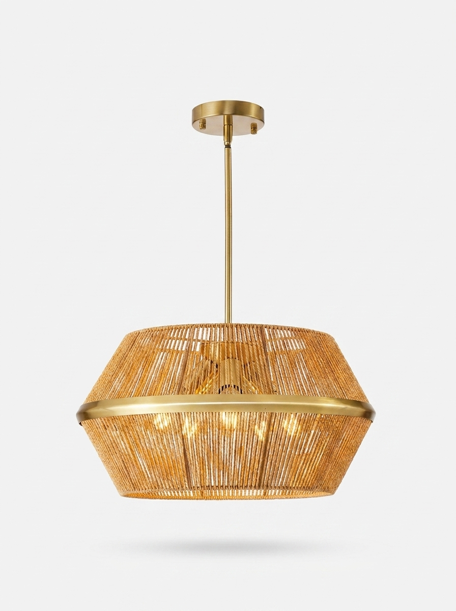 SKOVN Alden Pendant Chandelier in handwoven rattan with brushed brass, an organic modern lighting statement