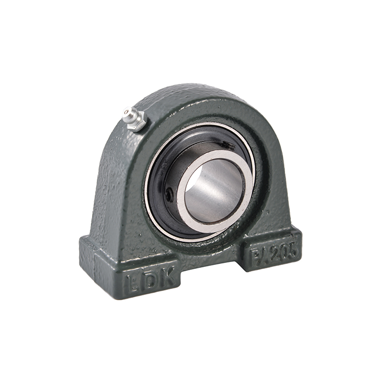 Cast iron tapped base pillow block bearing unit with two bolt holes and dark green painted housing