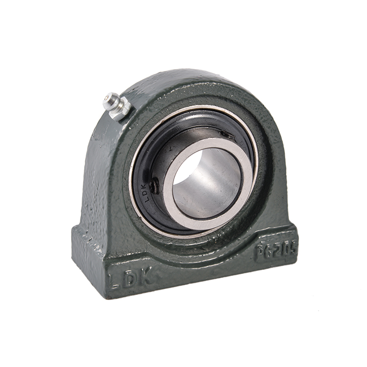 Cast iron pillow block bearing unit with two-bolt housing and dark green paint