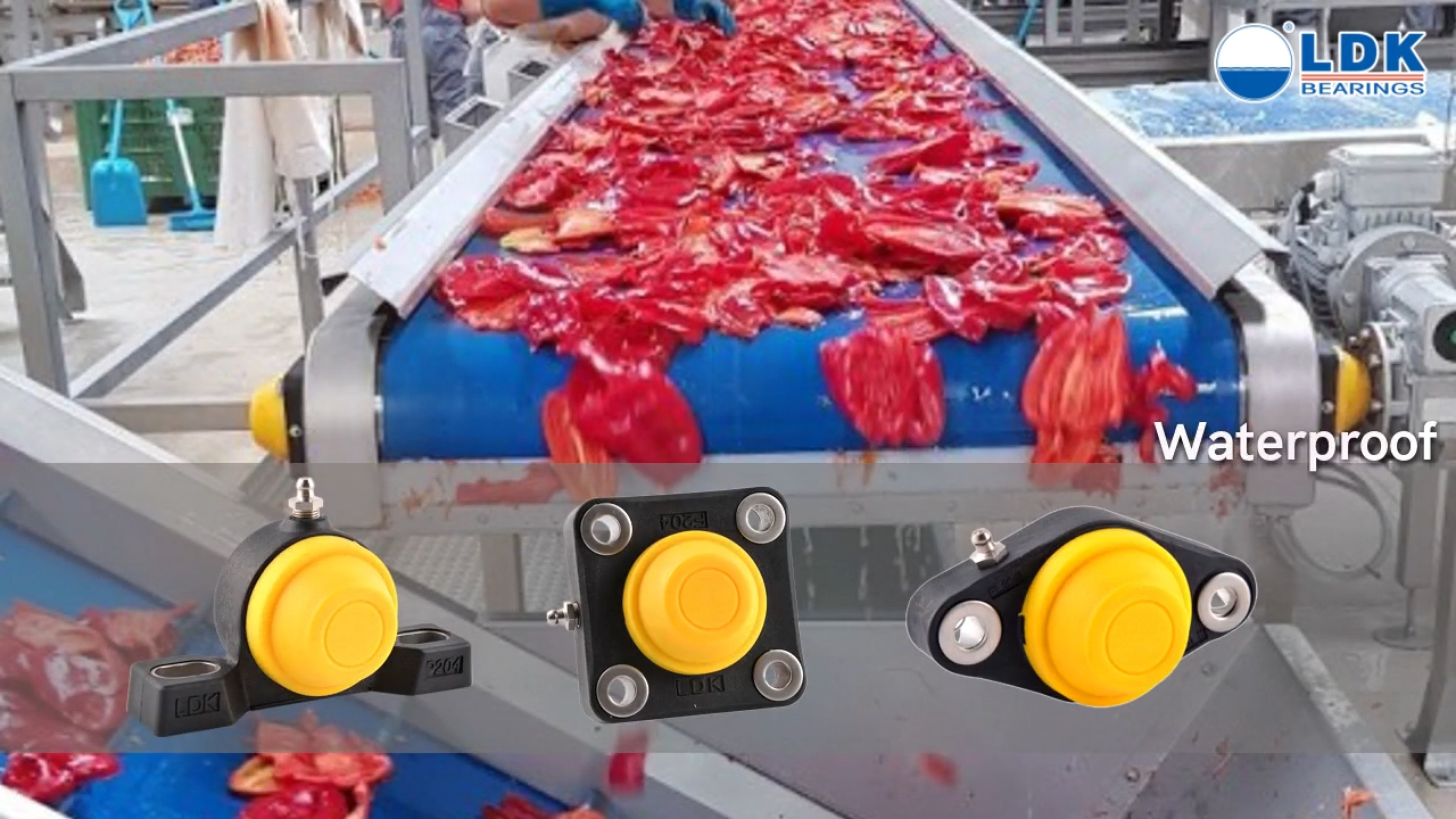 Water-proof thermoplastic housed bearing units with stainless steel inserts used on food and beverage processing lines