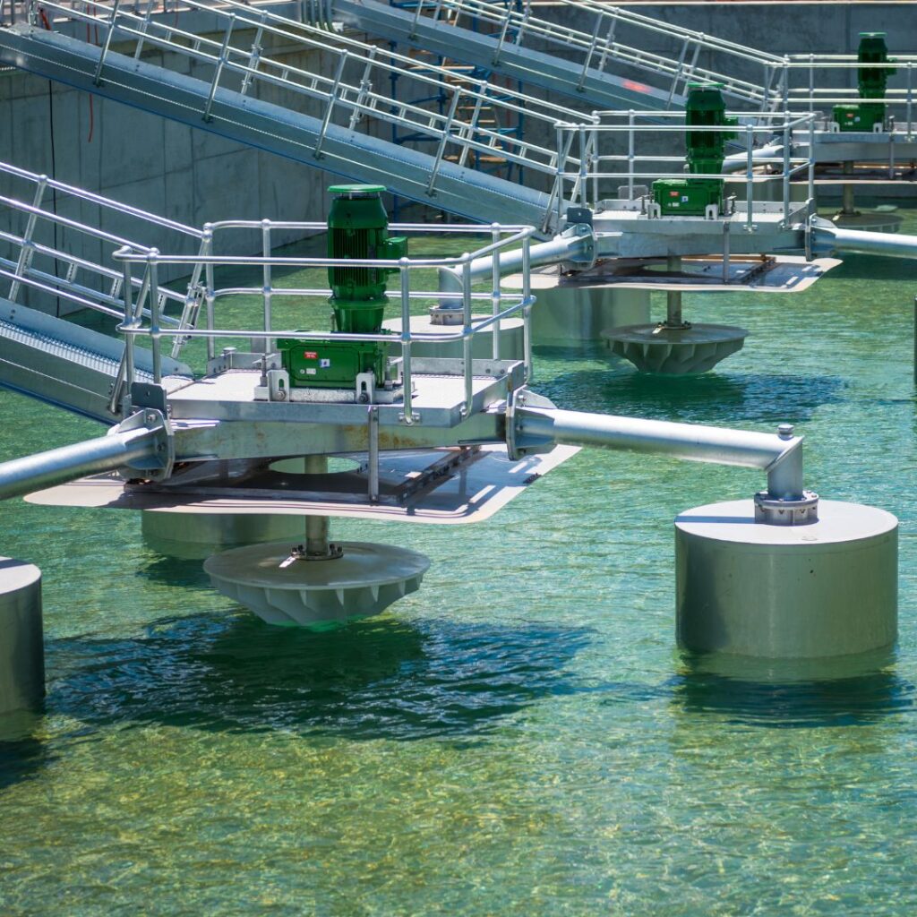 Waterproof thermoplastic housings with stainless steel bearing units installed on wastewater treatment plant equipment
