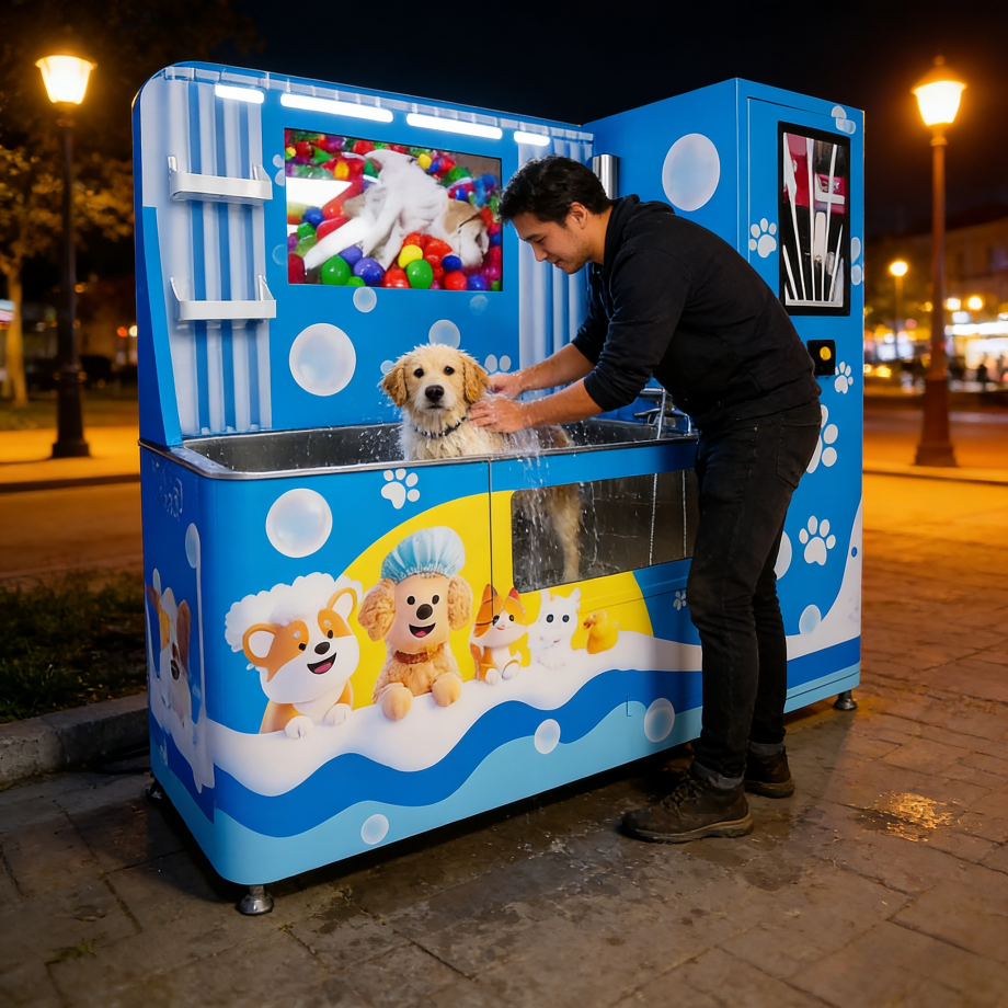 Unmanned self-service pet wash station operating 24 hours