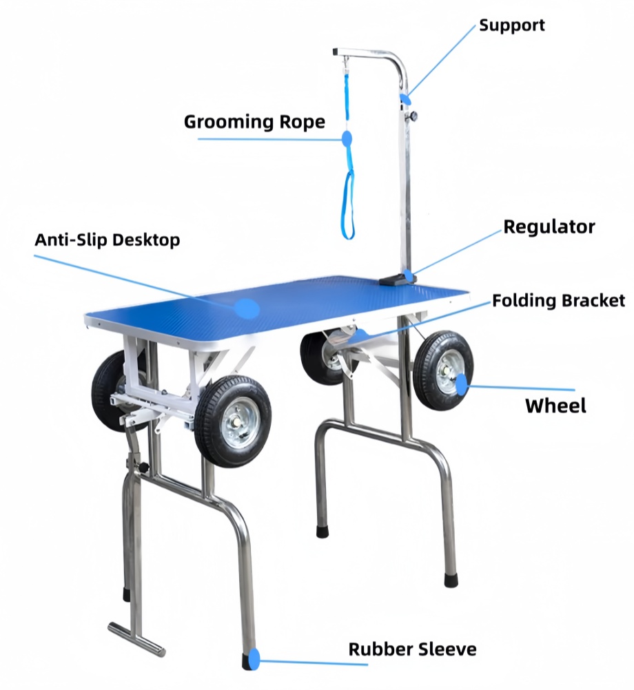 Foldable pet grooming table with wheels for space-constrained or mobile grooming setups