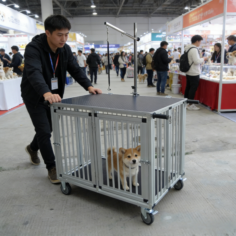 Foldable pet transport cage trolley with integrated grooming table, side angle