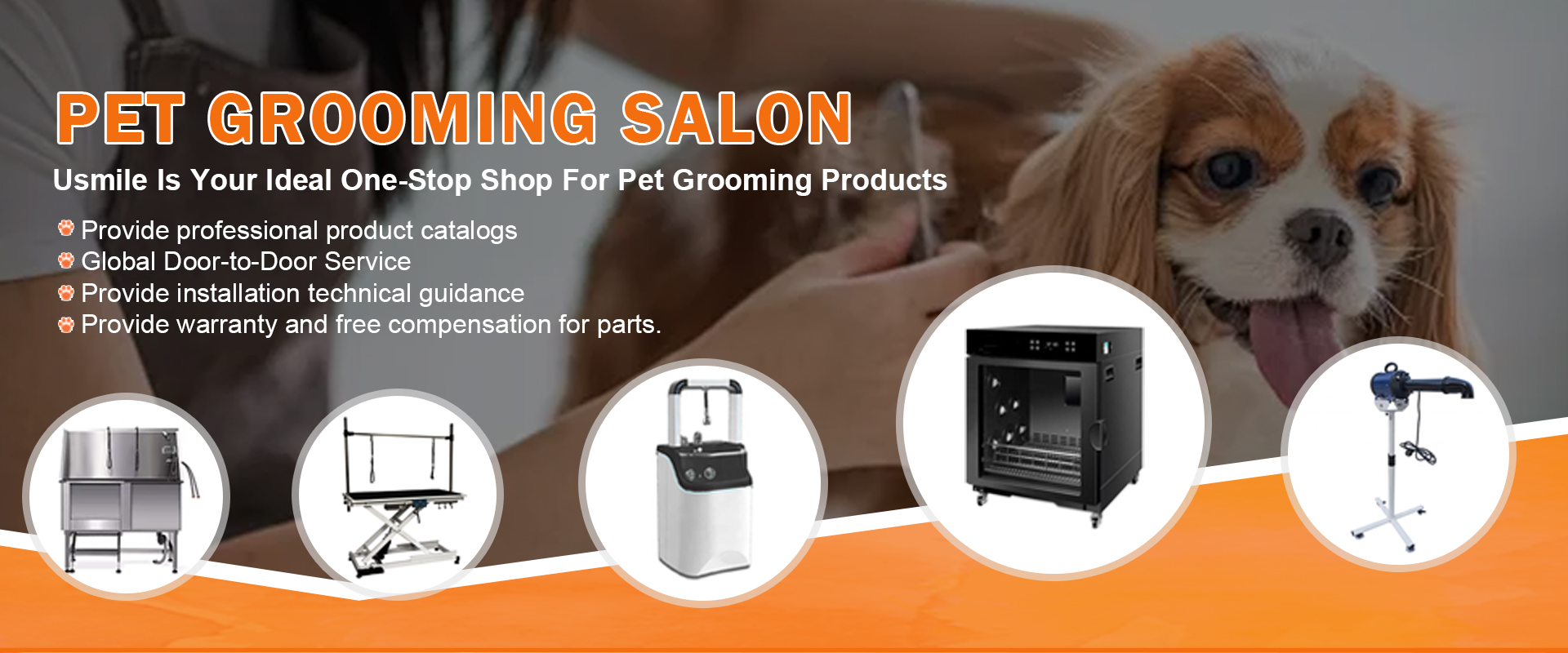 Commercial pet grooming equipment range including tables, dryers and bathtubs