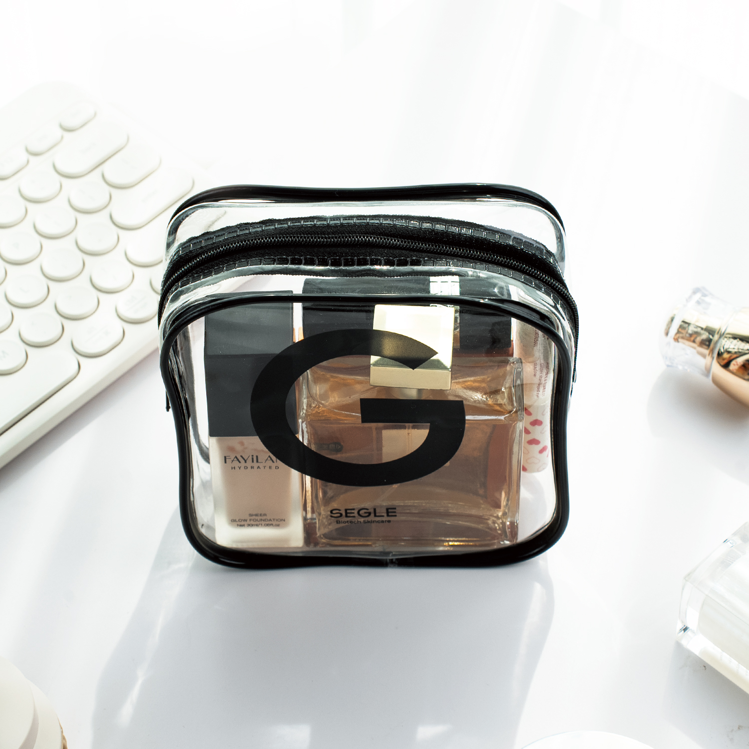 Black border clear PVC cosmetic bag with custom brand logo