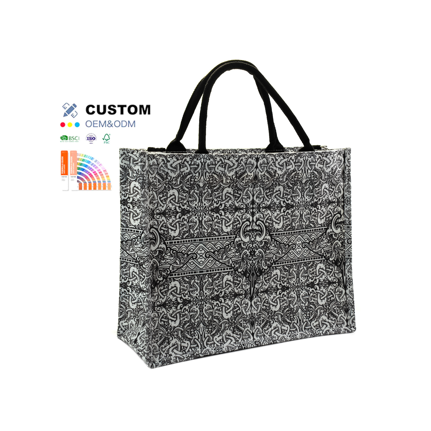 Black canvas shopping bag with full pattern print, example of custom printed shopping bag production