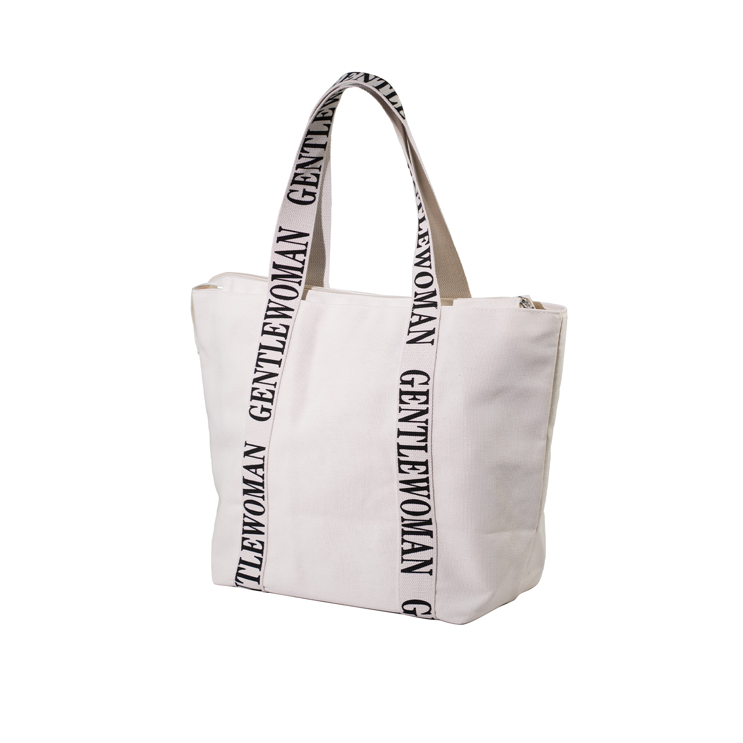 Beige canvas tote bag with letter webbing, empty view
