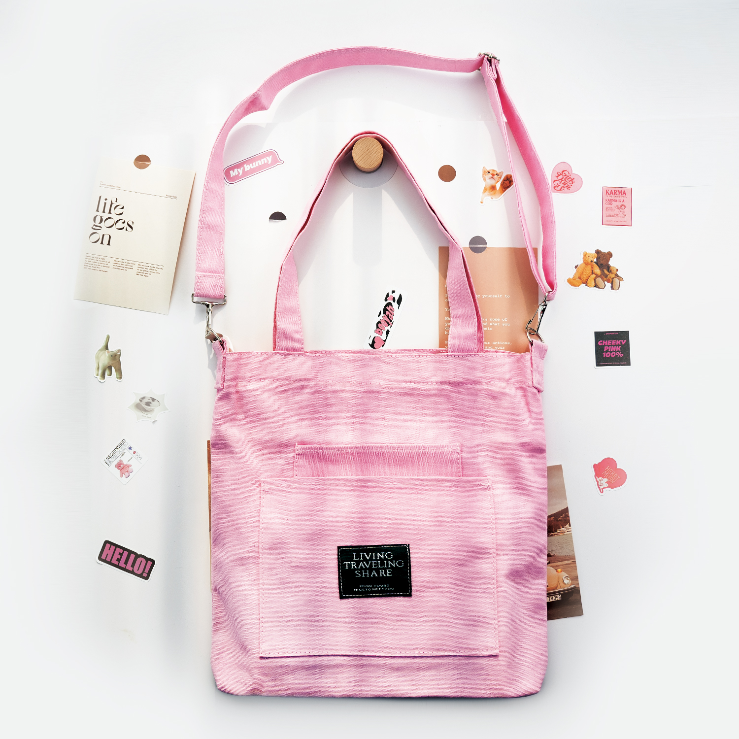 Pink solid canvas tote bag, empty view with accessories