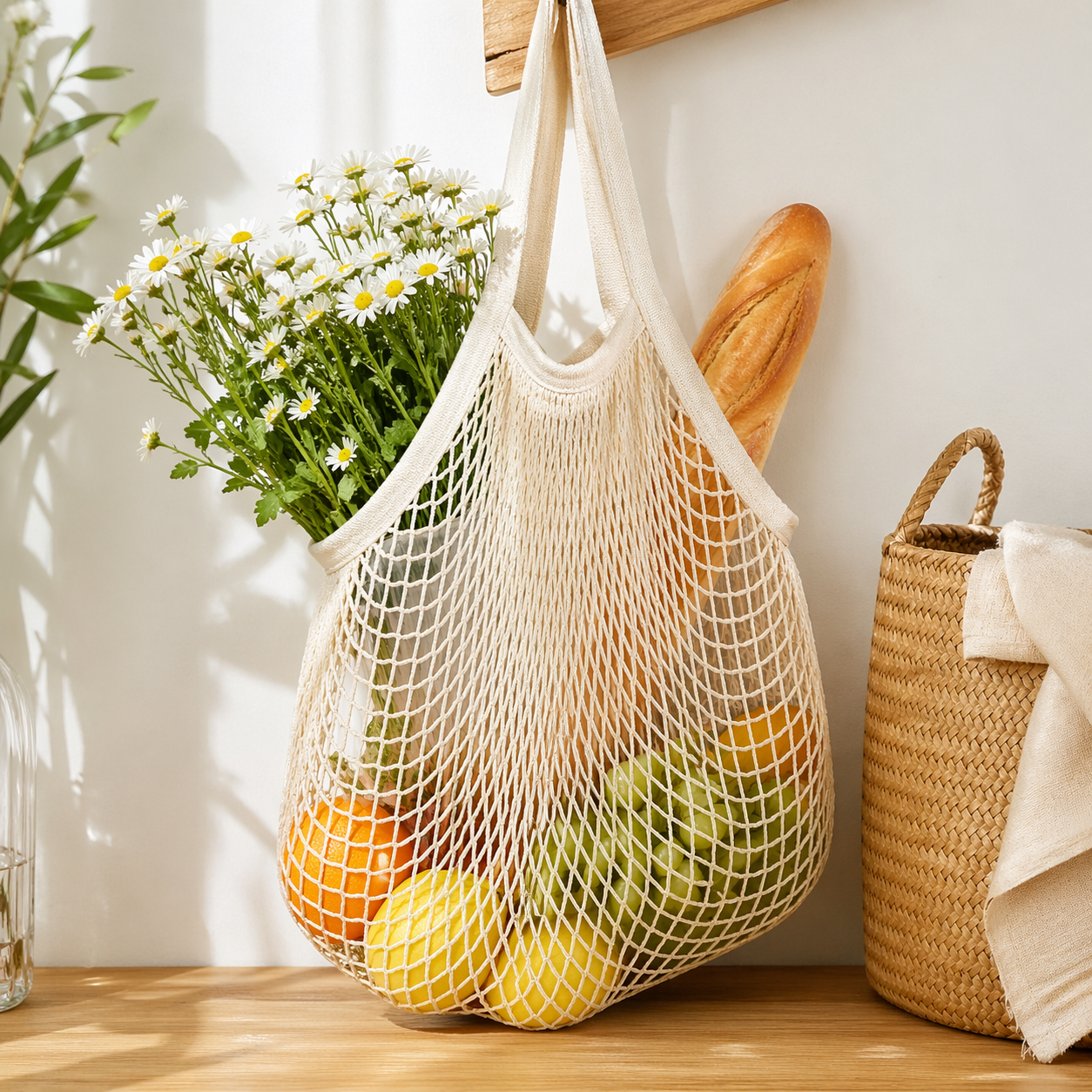 Beige mesh shopping bag for groceries, reusable