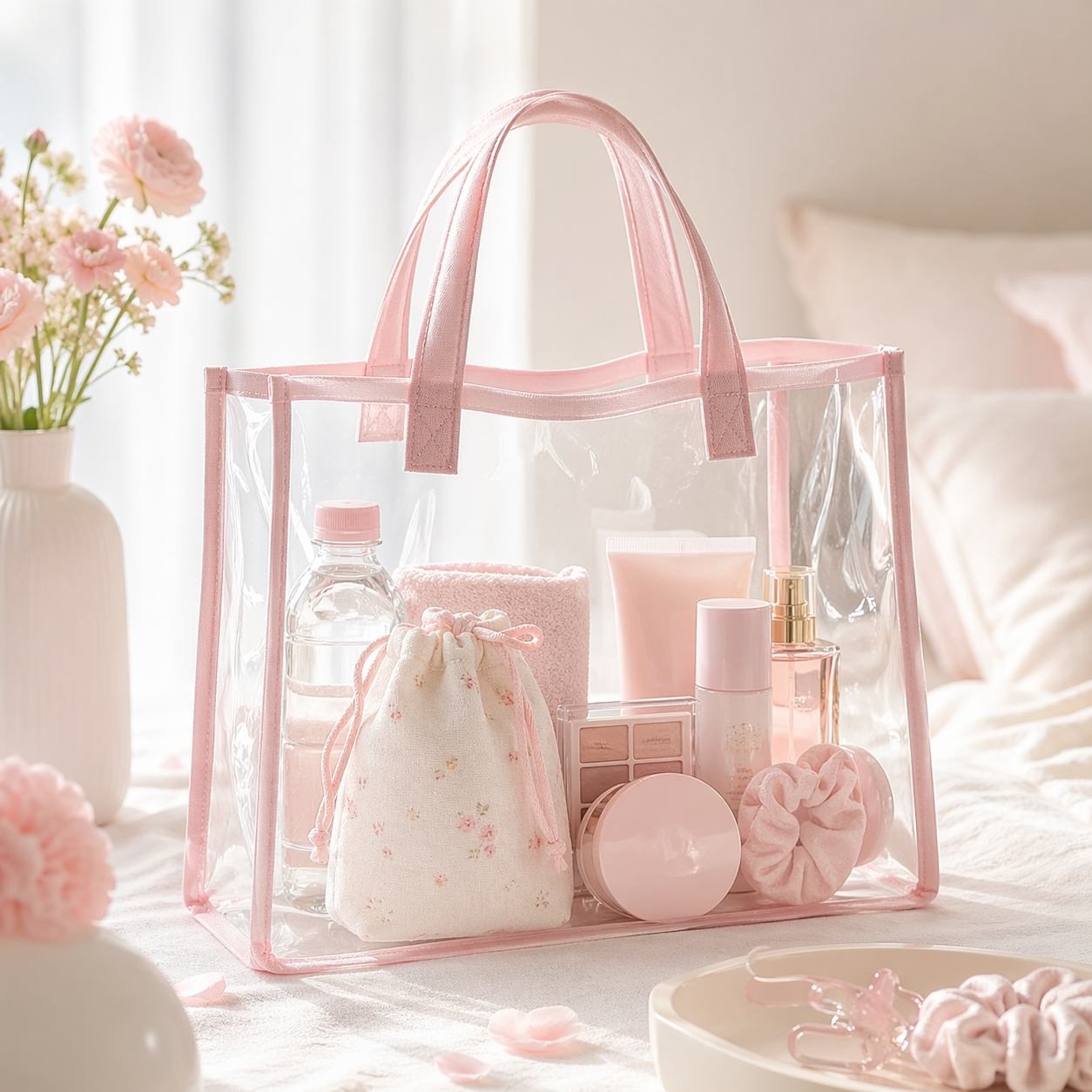 Transparent PVC tote bag for cosmetics and travel storage