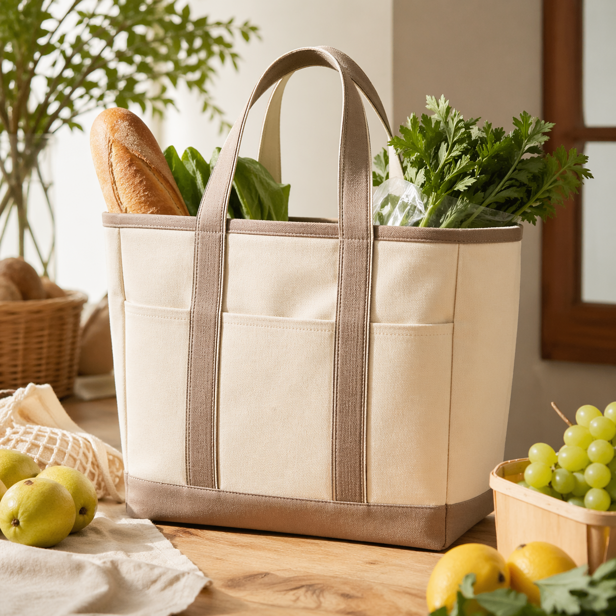 Beige canvas tote bag with green trim, daily shopping use