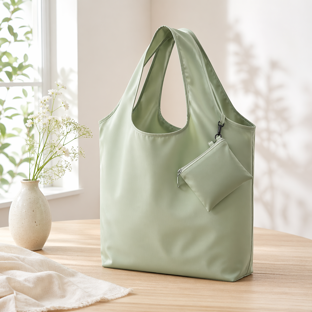 Light green foldable shopping bag with small storage pouch, demonstrating portability and reusability