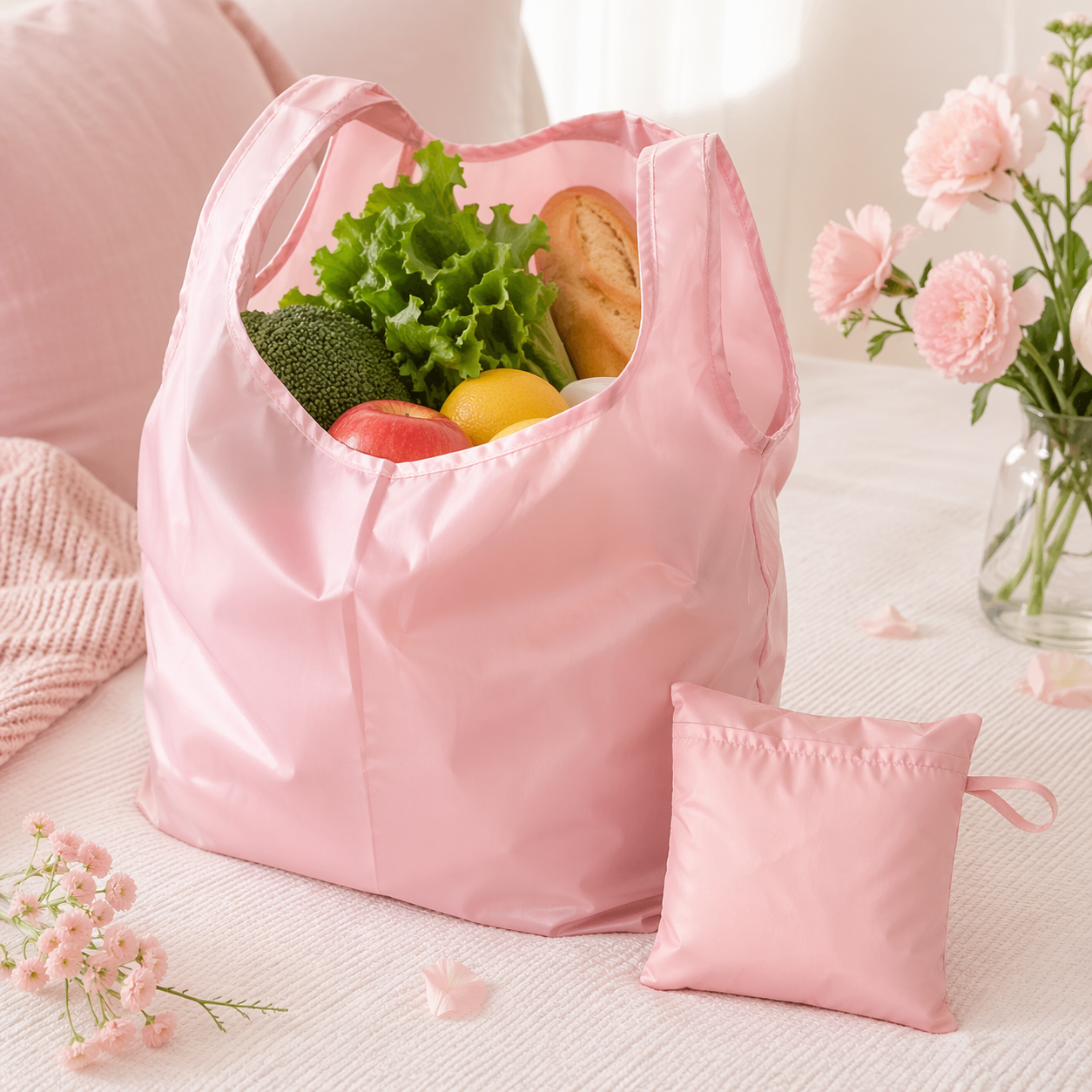 Pink foldable reusable shopping bag for groceries