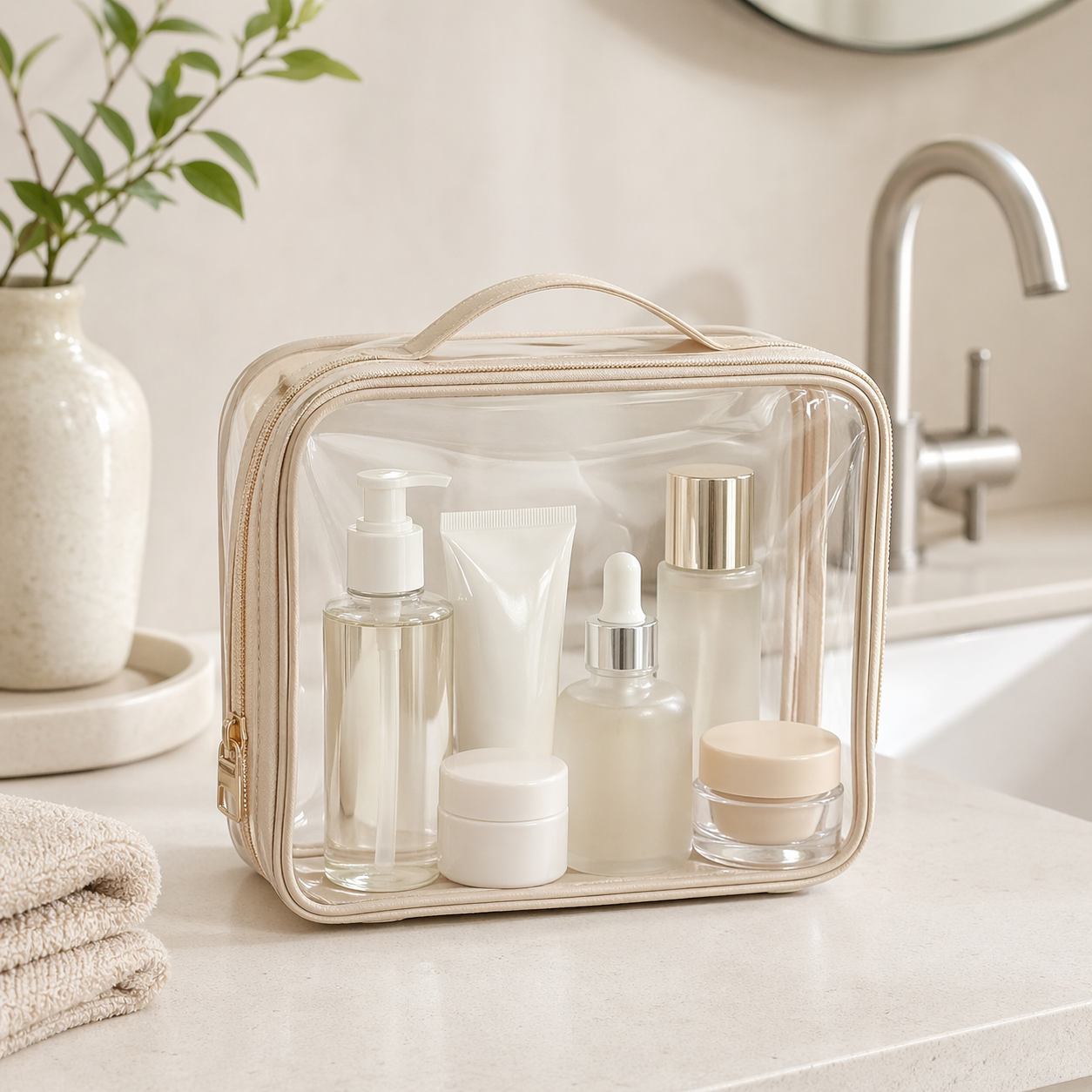 Clear PVC travel cosmetic bag with skincare products in a bathroom environment