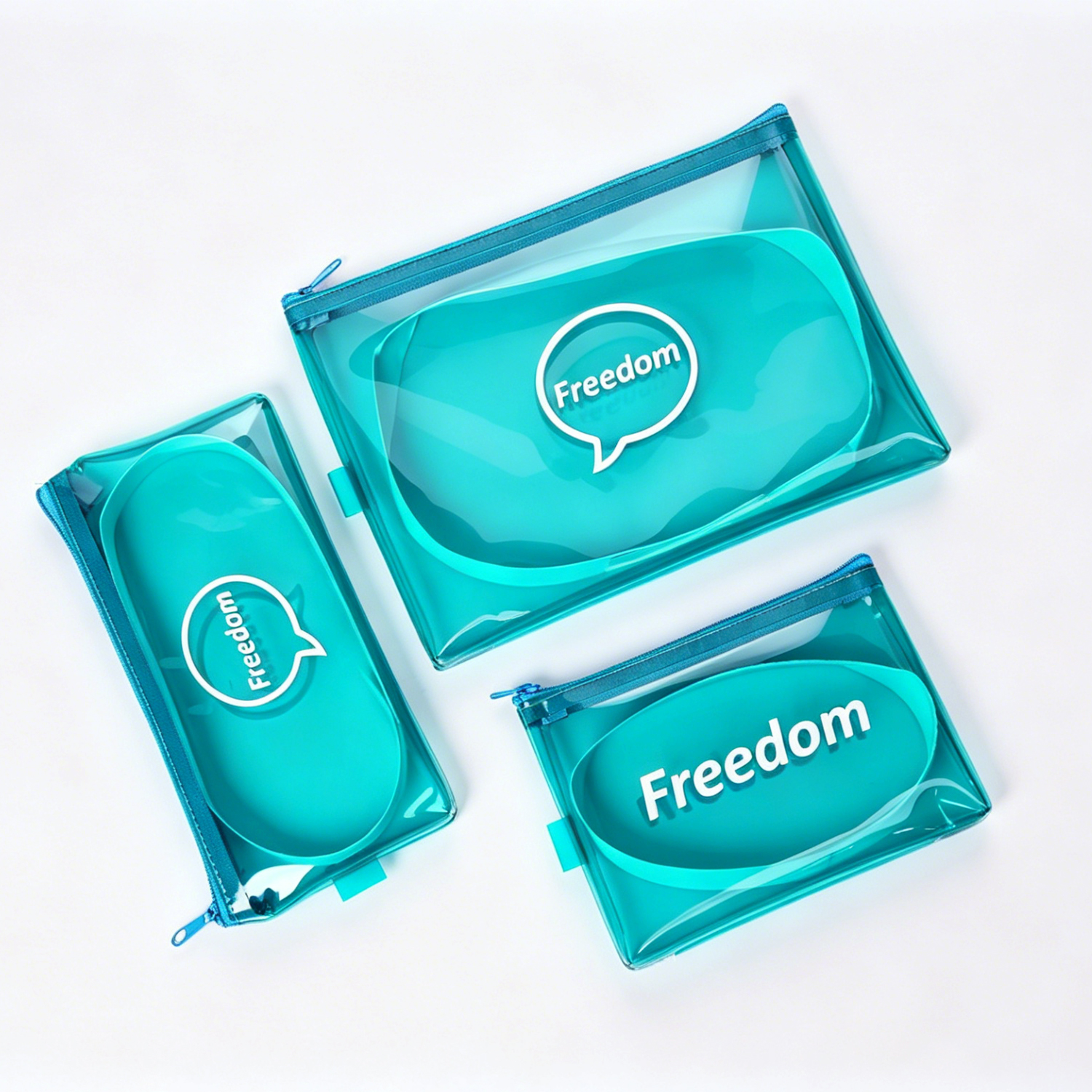 Set of teal PVC cosmetic bags with brand logo