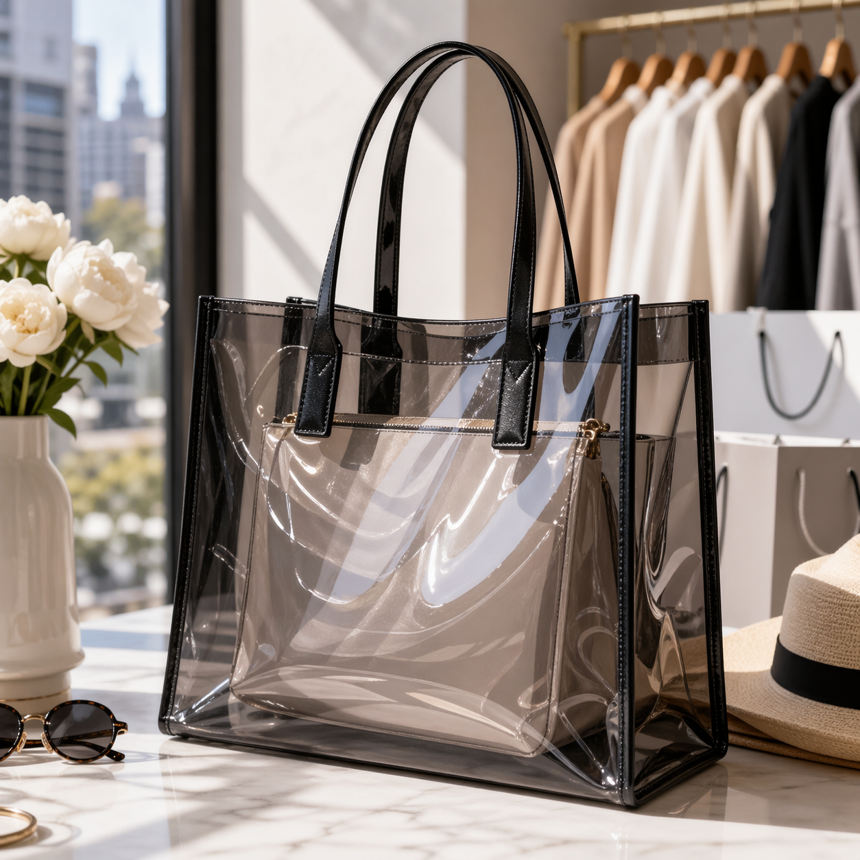 Black transparent PVC tote bag with fabric lining