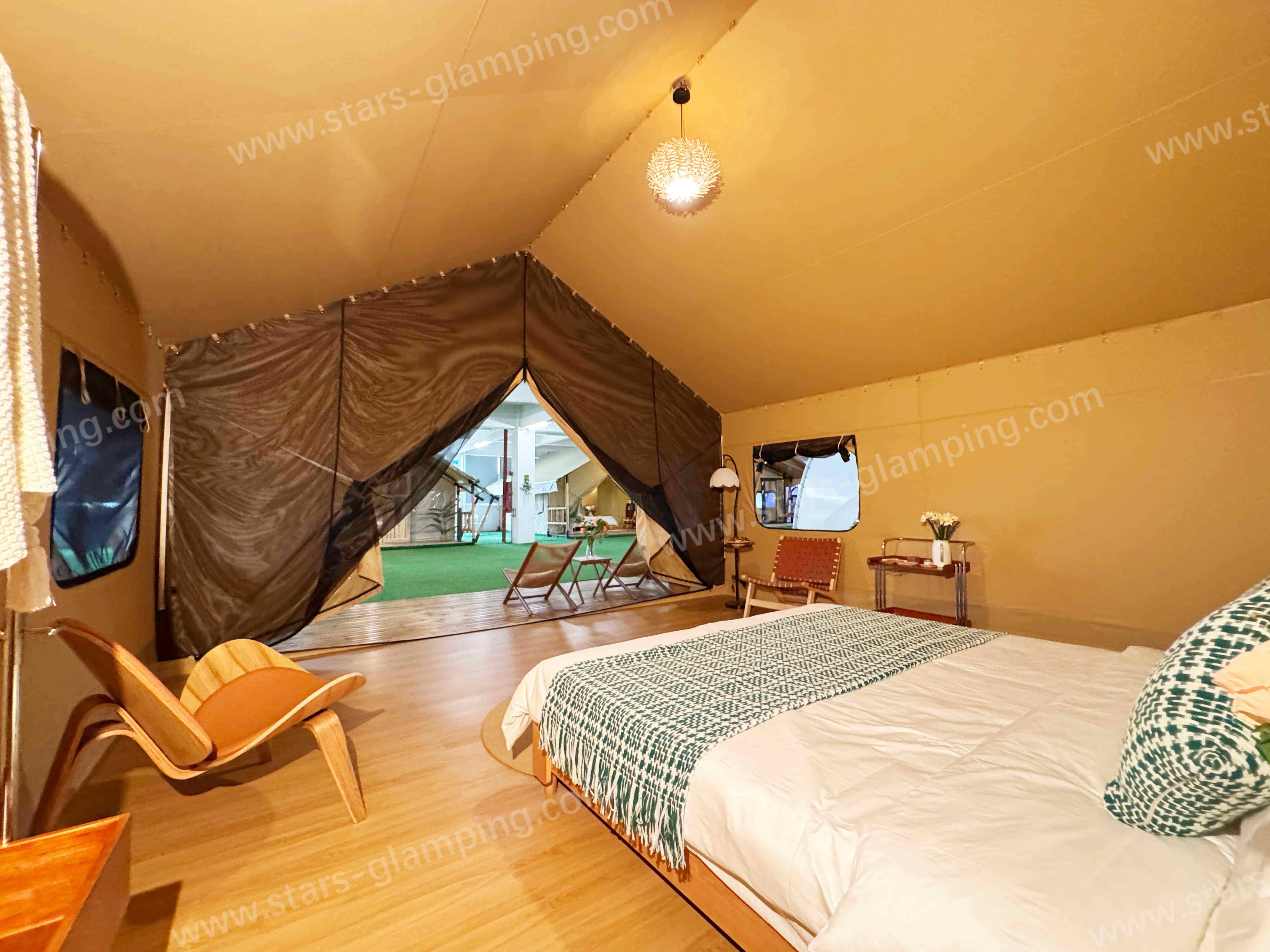 Interior of Lodestar safari tent with steel frame