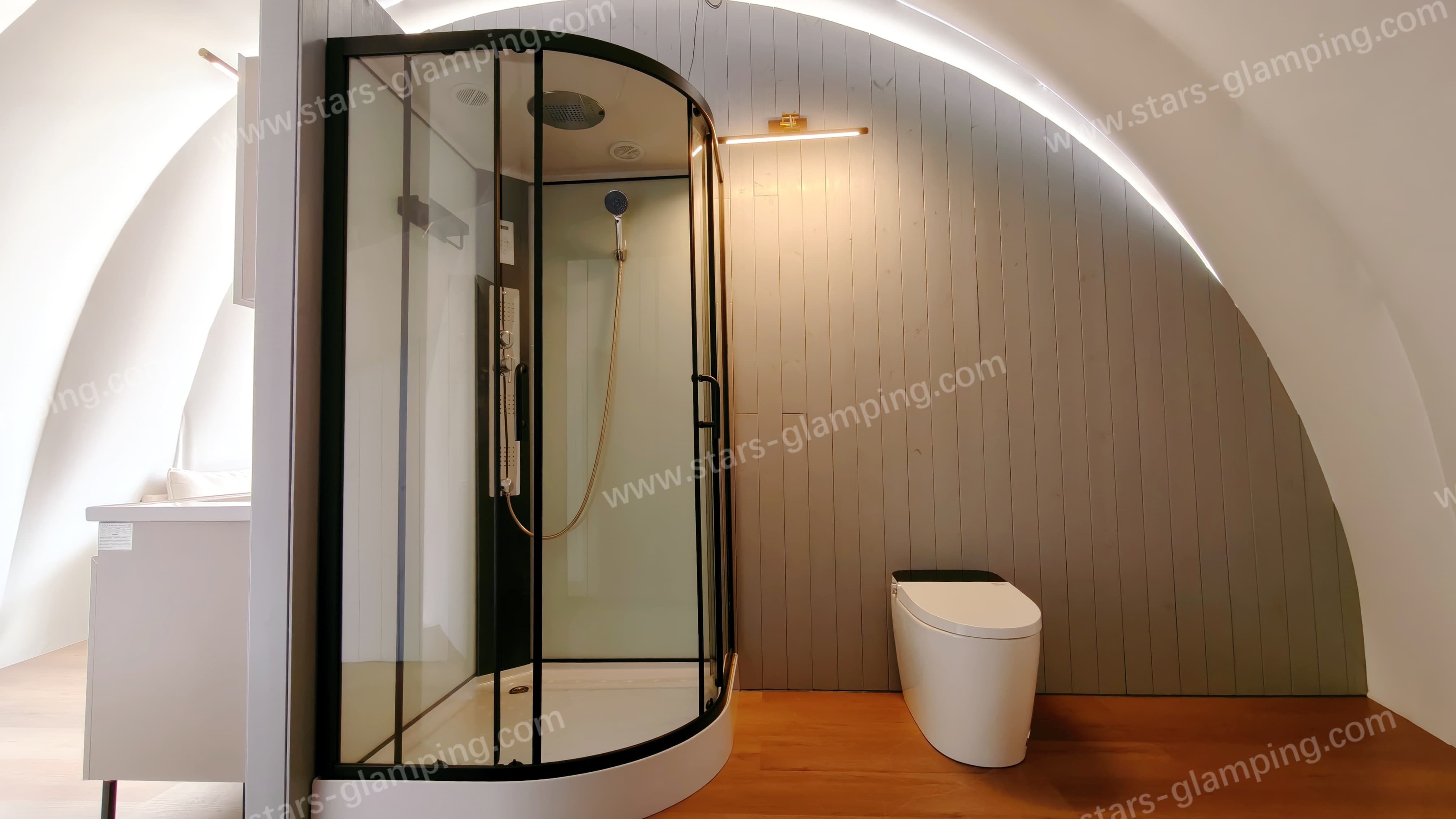 Shell model luxury hotel tent with insulated glass wall system and PVDF membrane roof