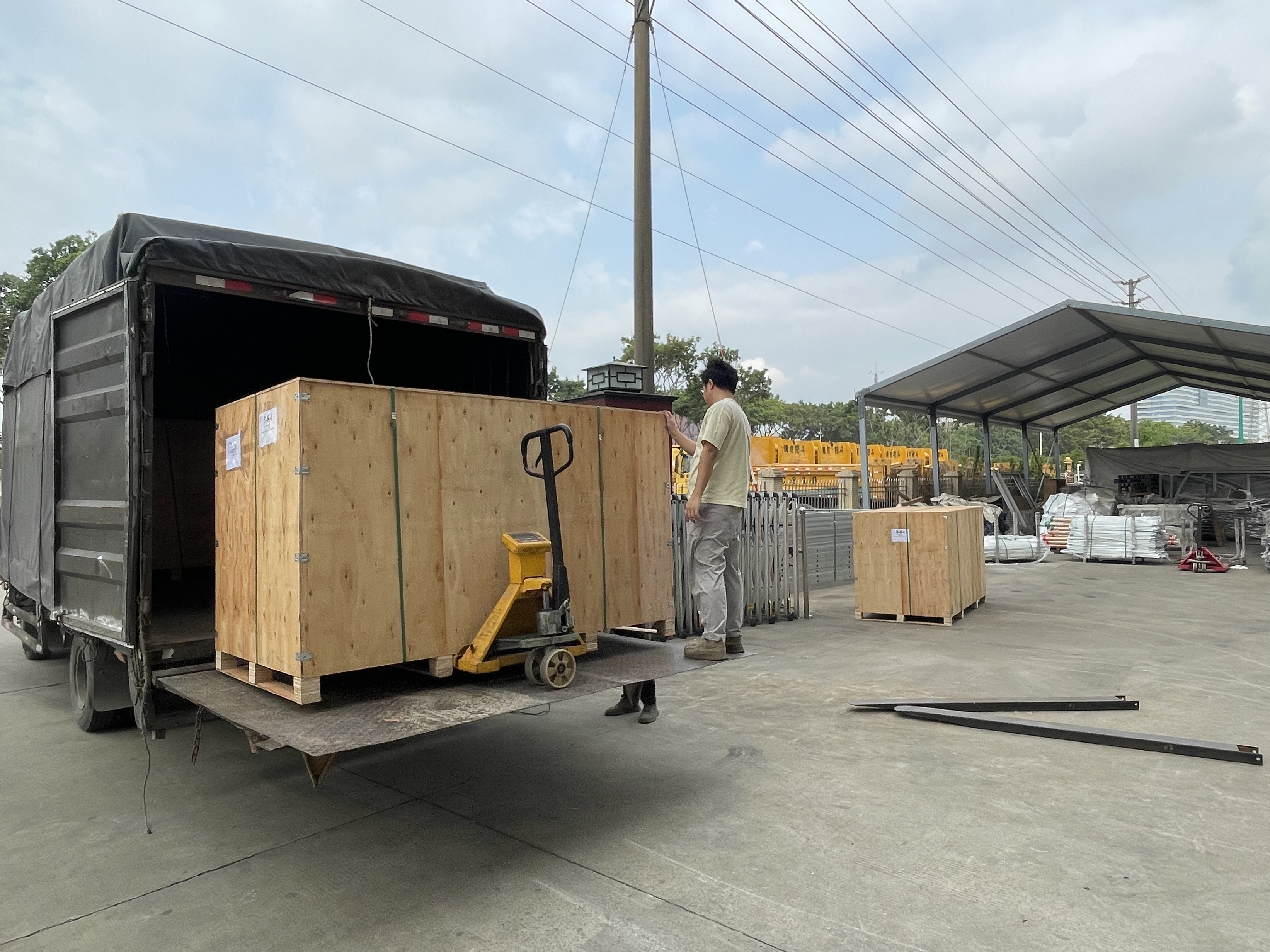 Packed luxury hotel tent components ready for shipment to a resort project