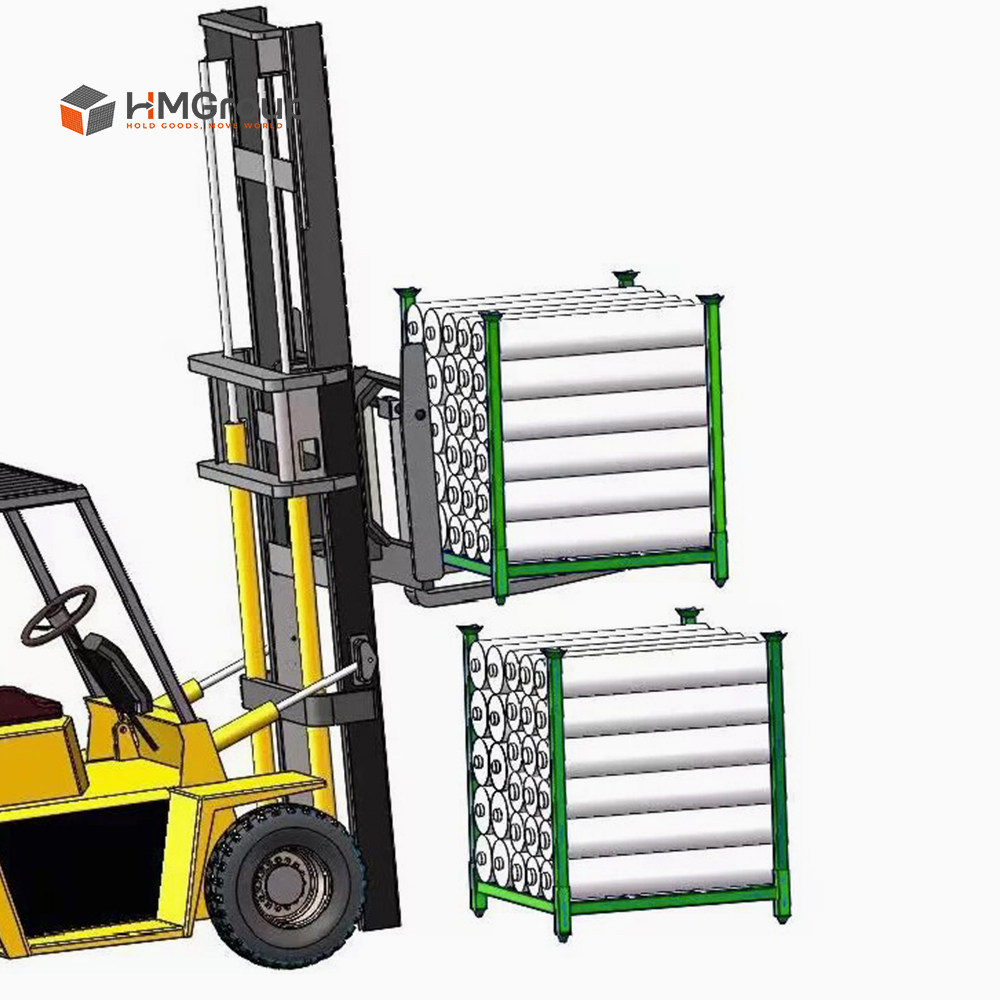 Stackable steel storage rack with base-and-post design stacked vertically in a warehouse