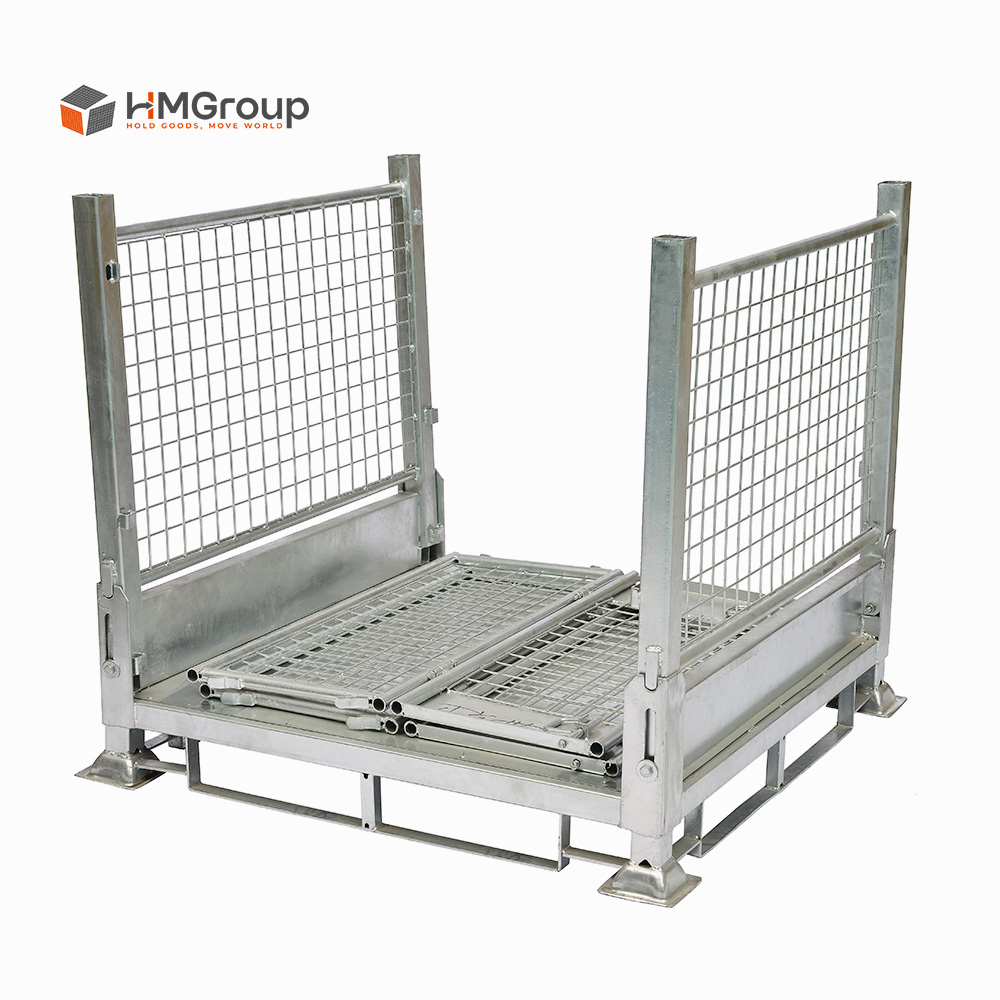 Powder coated wire shipping containers stacked in warehouse