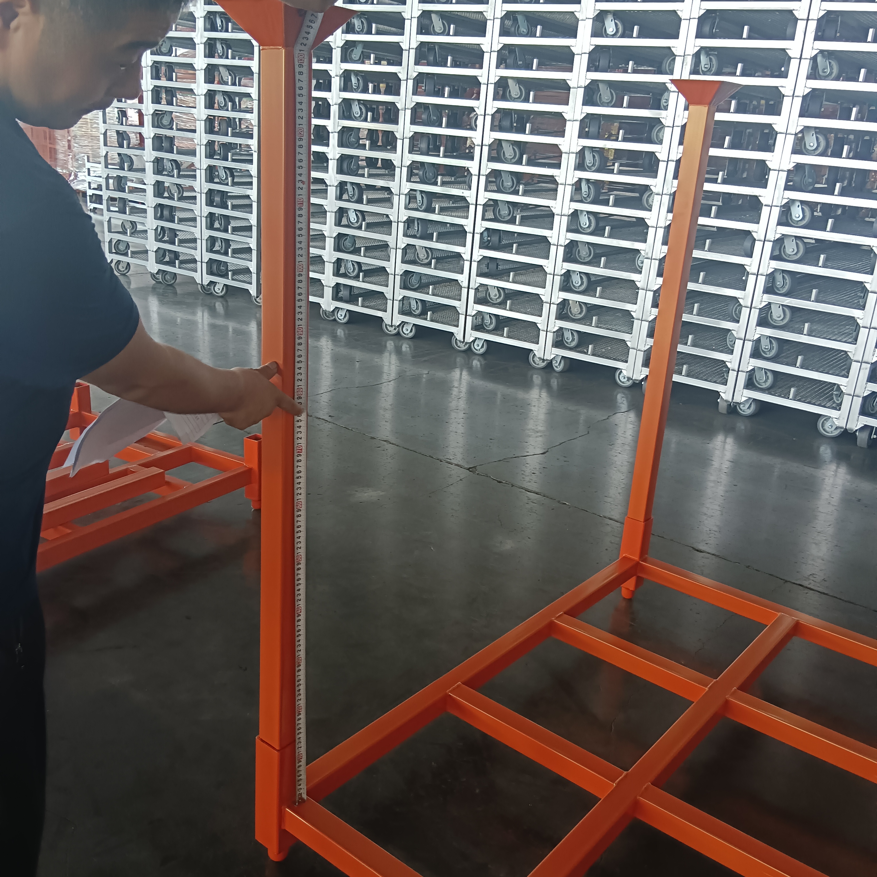 Finished storage rack post size measurement during inspection
