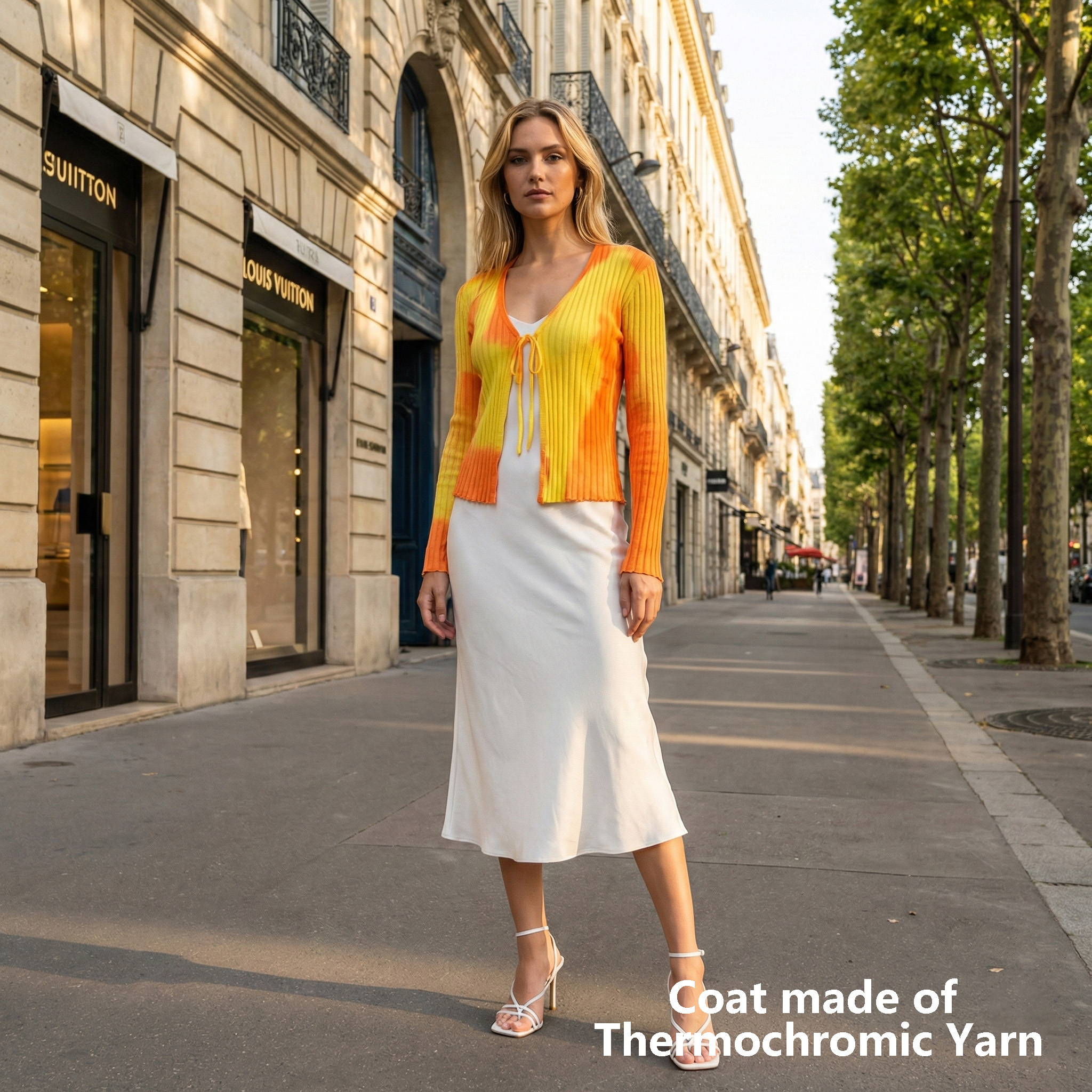 Coat made of thermochromic yarn that changes color in response to body heat