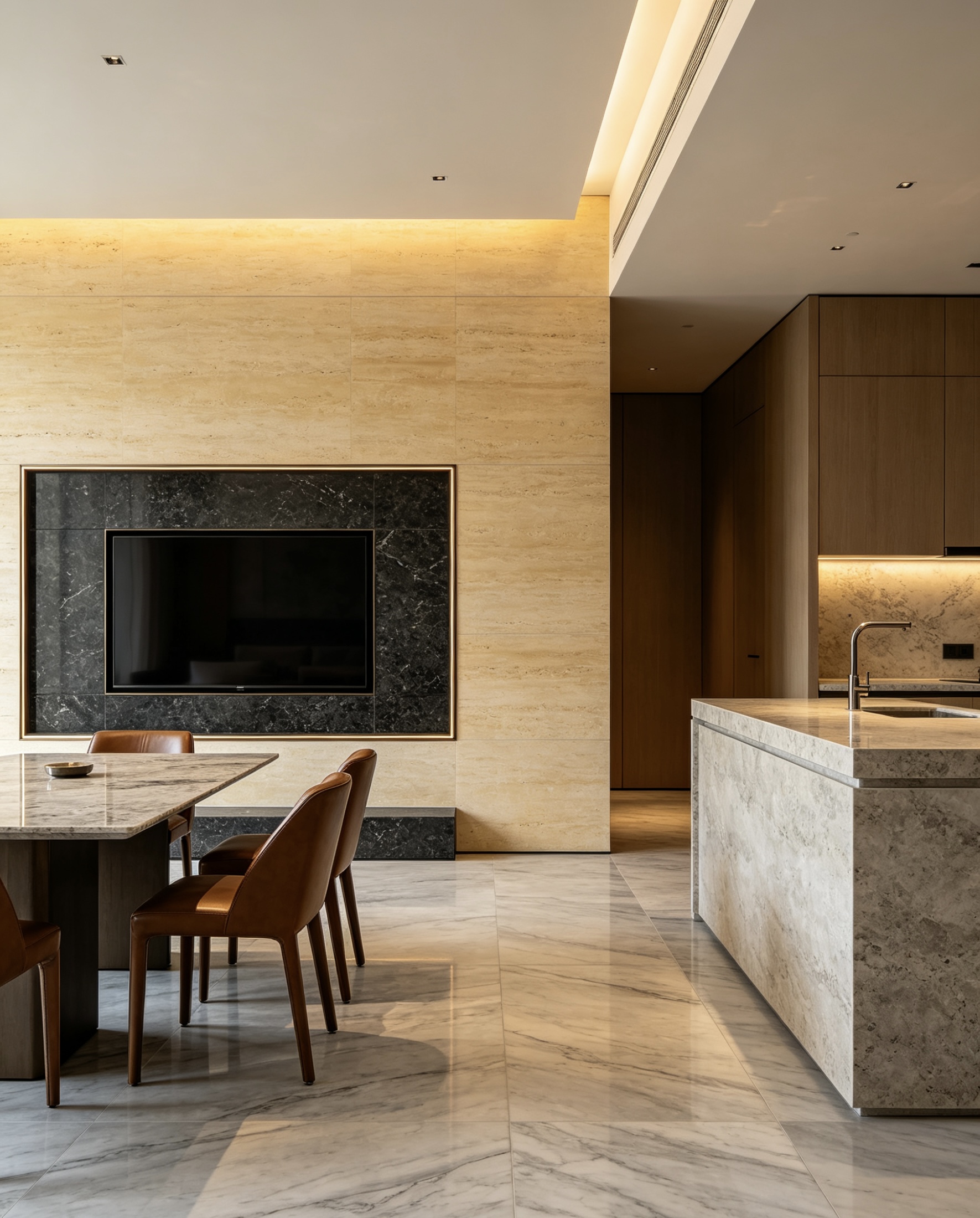 Elegant suite interior showcasing marble application in architectural decoration
