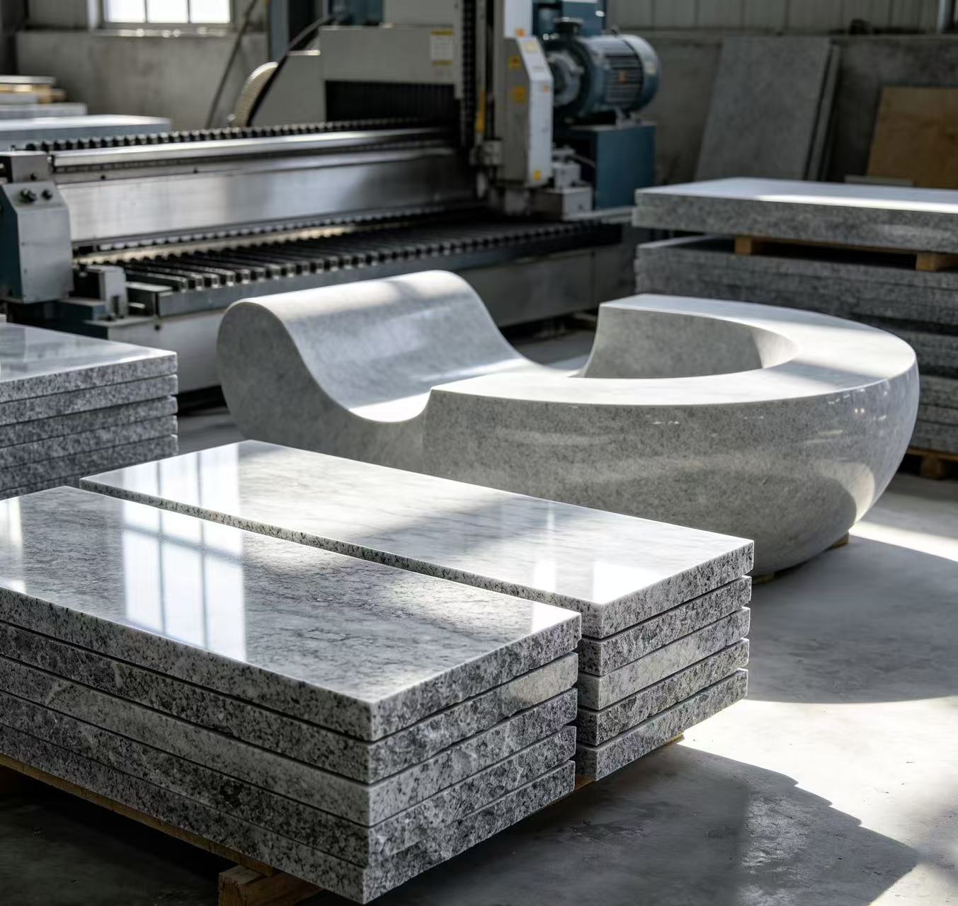 Finished stone products demonstrating precision cutting, edge grinding, and surface finishing