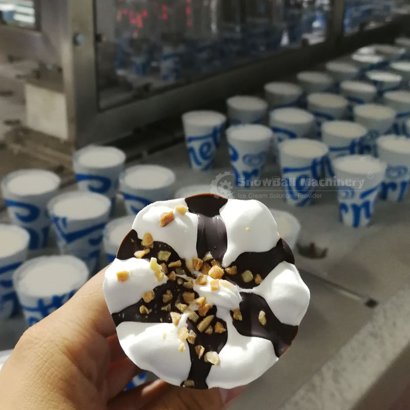 Industrial ice cream production line in a modern factory