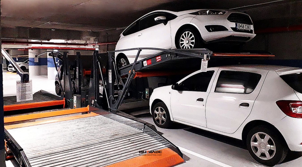 TPTP-2 tilting two-post parking lift in a low-ceiling residential underground parking lot