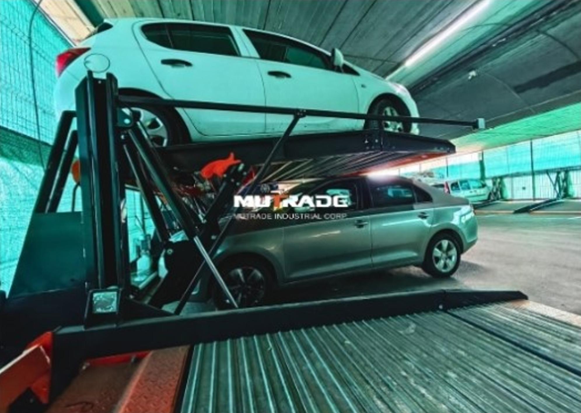 TPTP-2 tilting parking lift installed under a low-ceiling structure