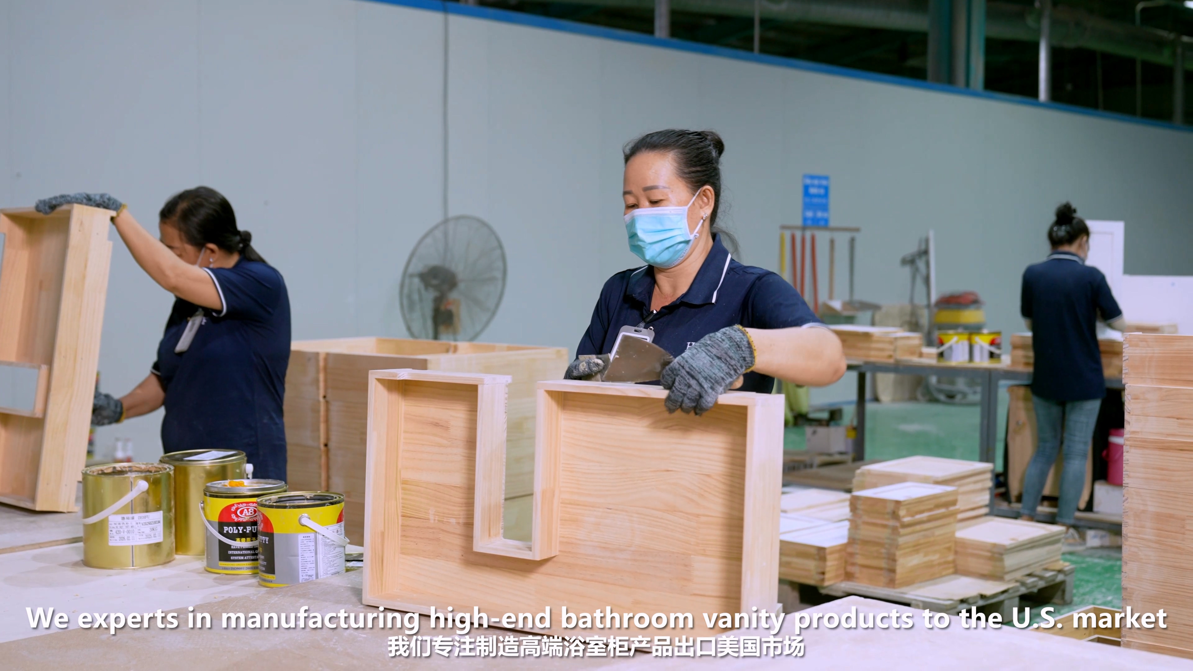 Drawer assembly station at a bathroom vanity factory