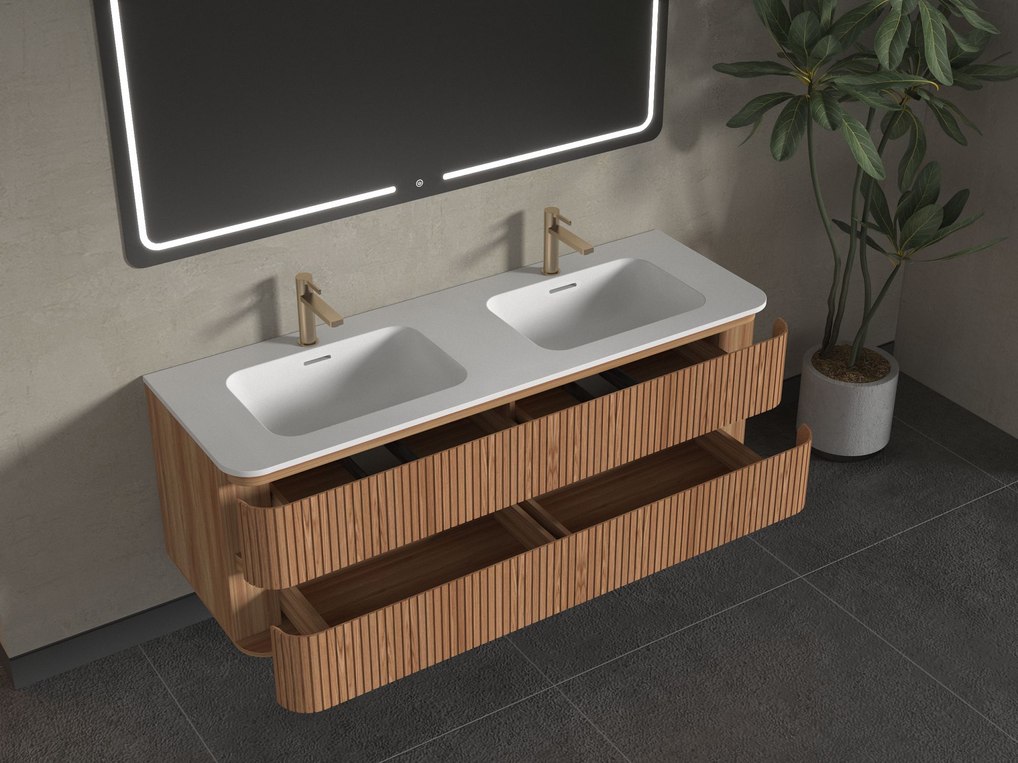 KL813003 wall mounted bathroom vanity with two drawers, porcelain slab countertop and undermount ceramic basin