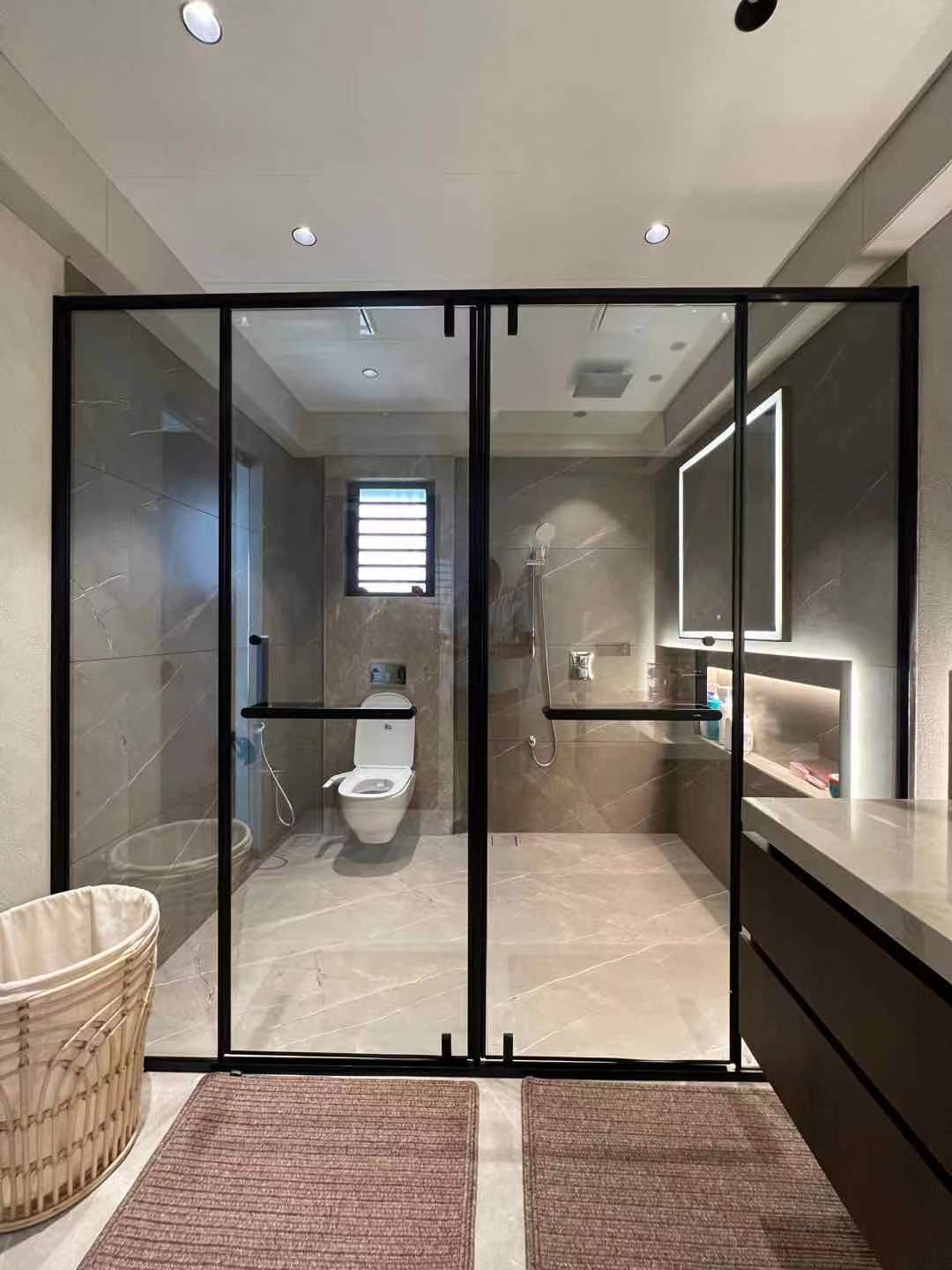 Shower door installation in bathroom