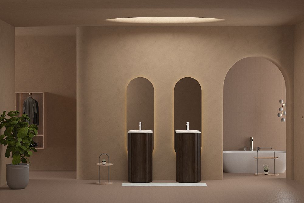 AS813049 freestanding single sink bathroom vanity with sintered stone basin and light gold framed LED mirror