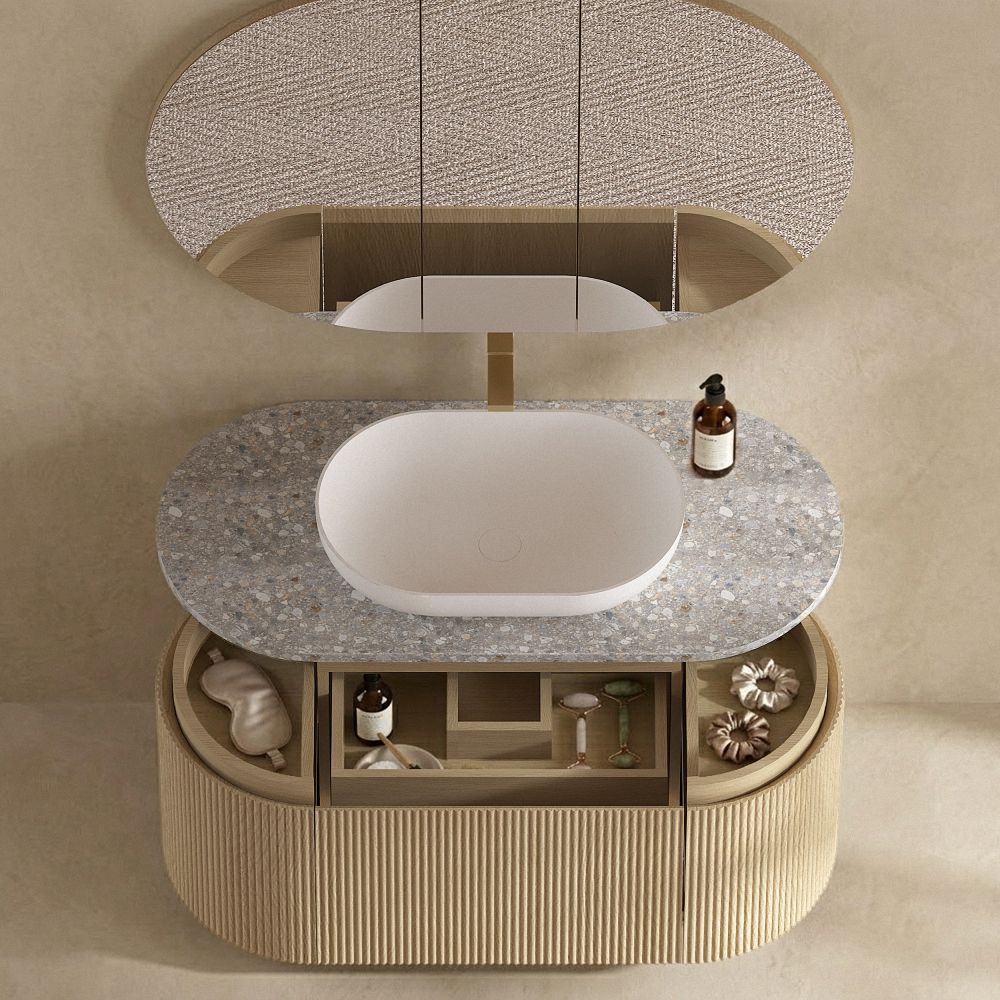Floating bathroom vanity AS813109 in Warm Mist Brown with terrazzo top and solid surface basin