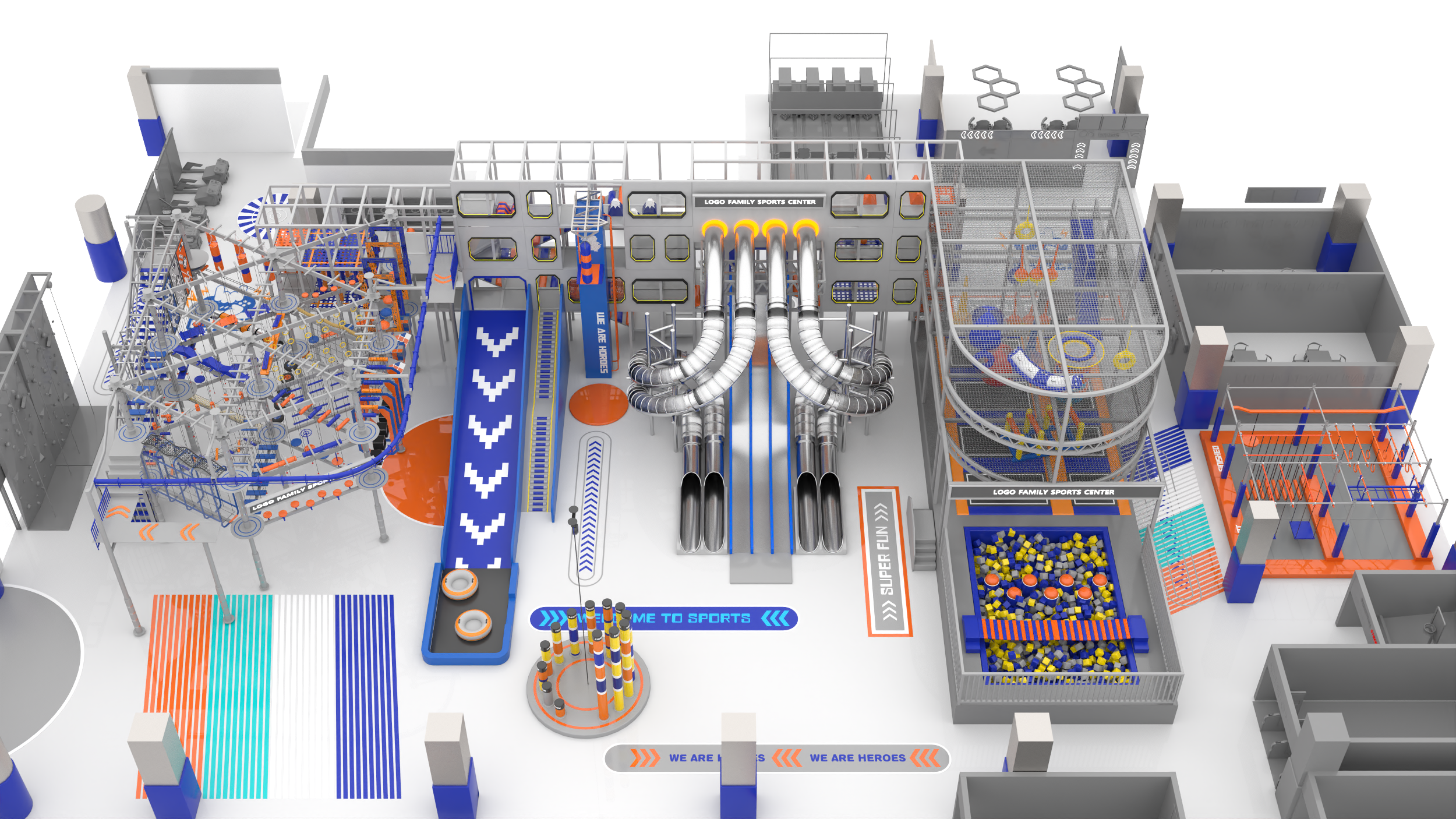Technical architecture of OEM Indoor Playground model VS1-250519-2250-3-60 showing frame, netting, and sleeve components