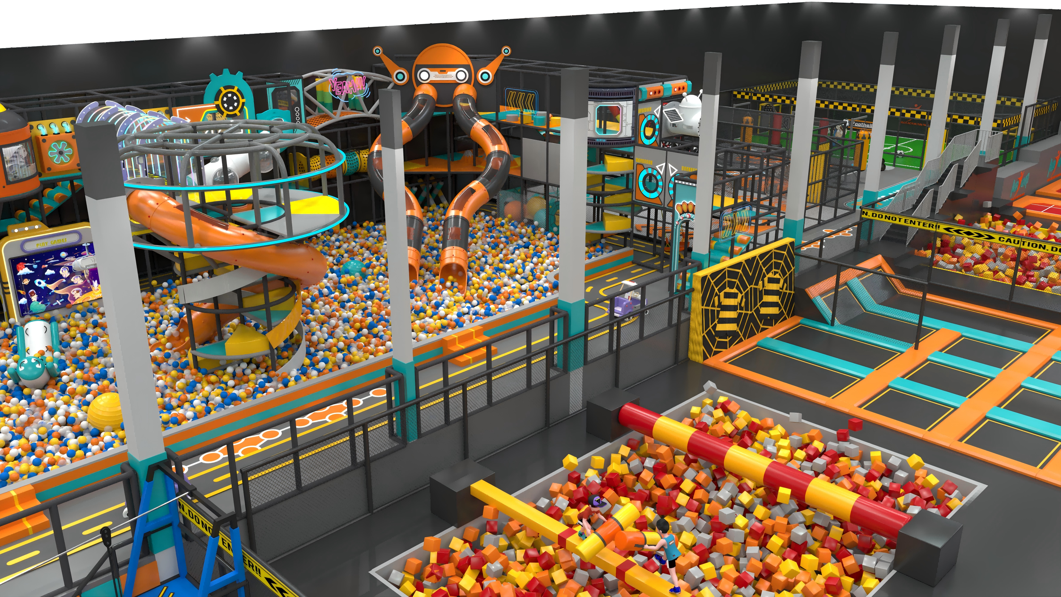 Installed indoor playground with slide and climbing elements in a commercial FEC